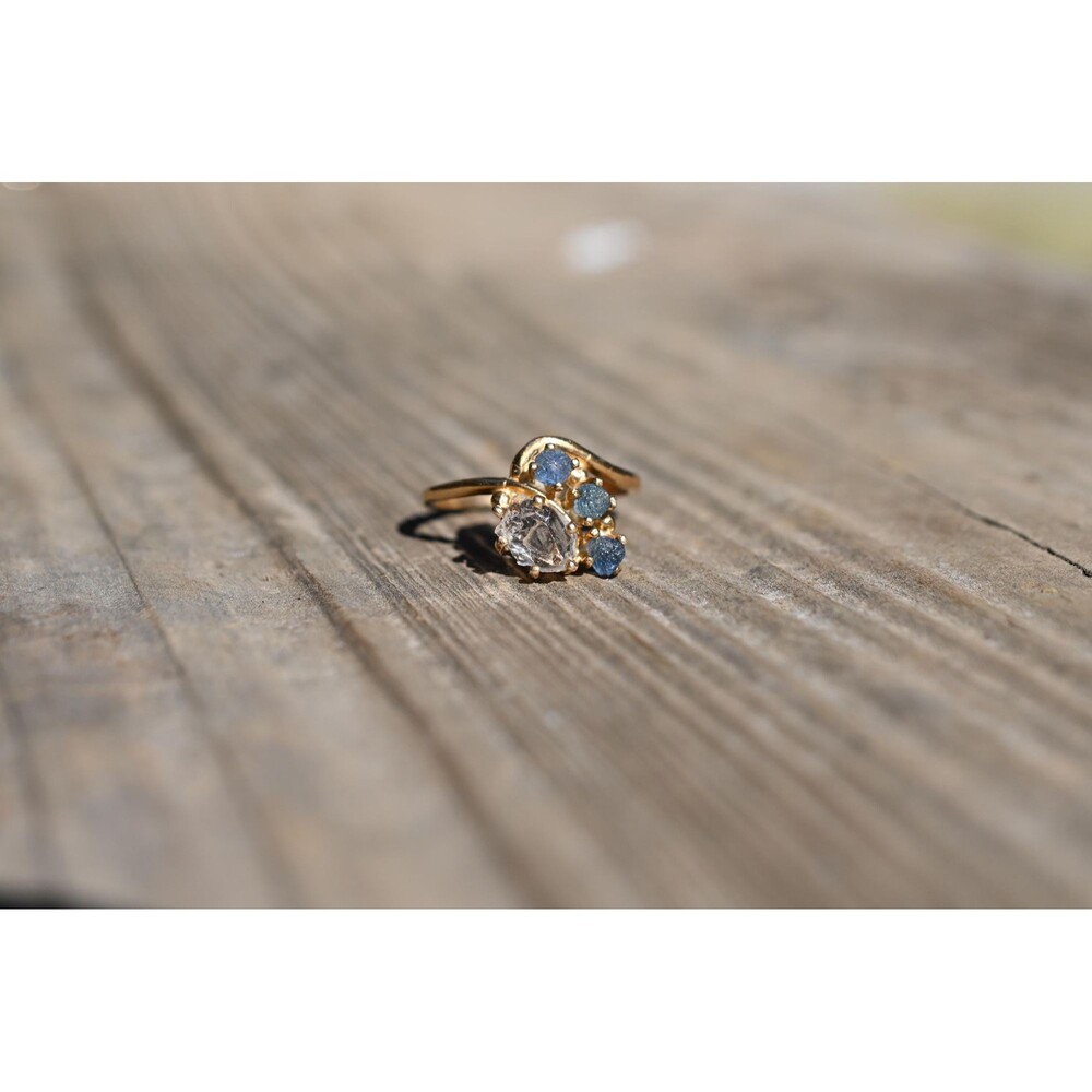 Engagement ring 14k Gold Diamond Sapphire Ring Raw Diamond  Solid Gold  Rough Di